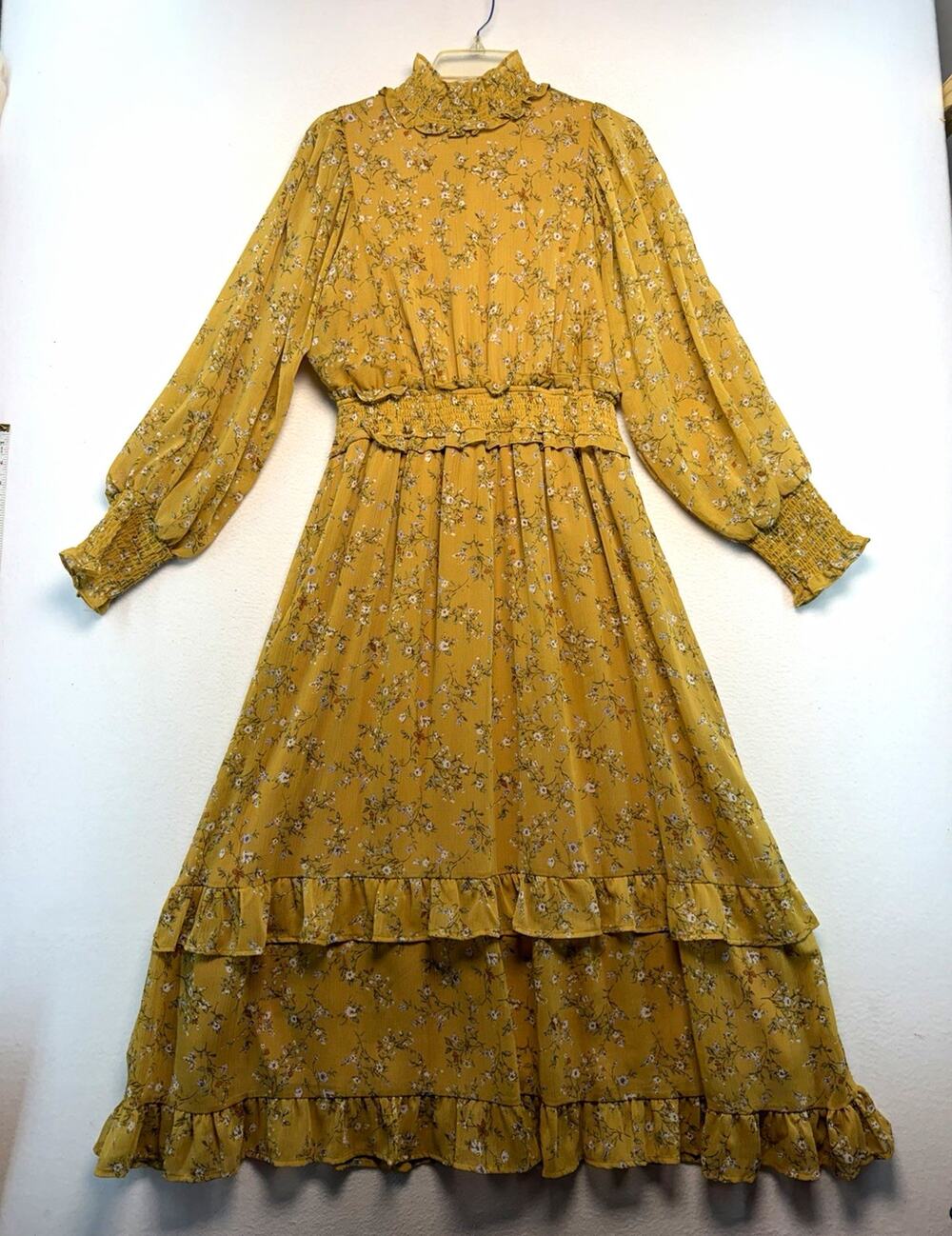 By the river Women L Yellow Floral Smocked A-Line Midi peasant whimsical fall